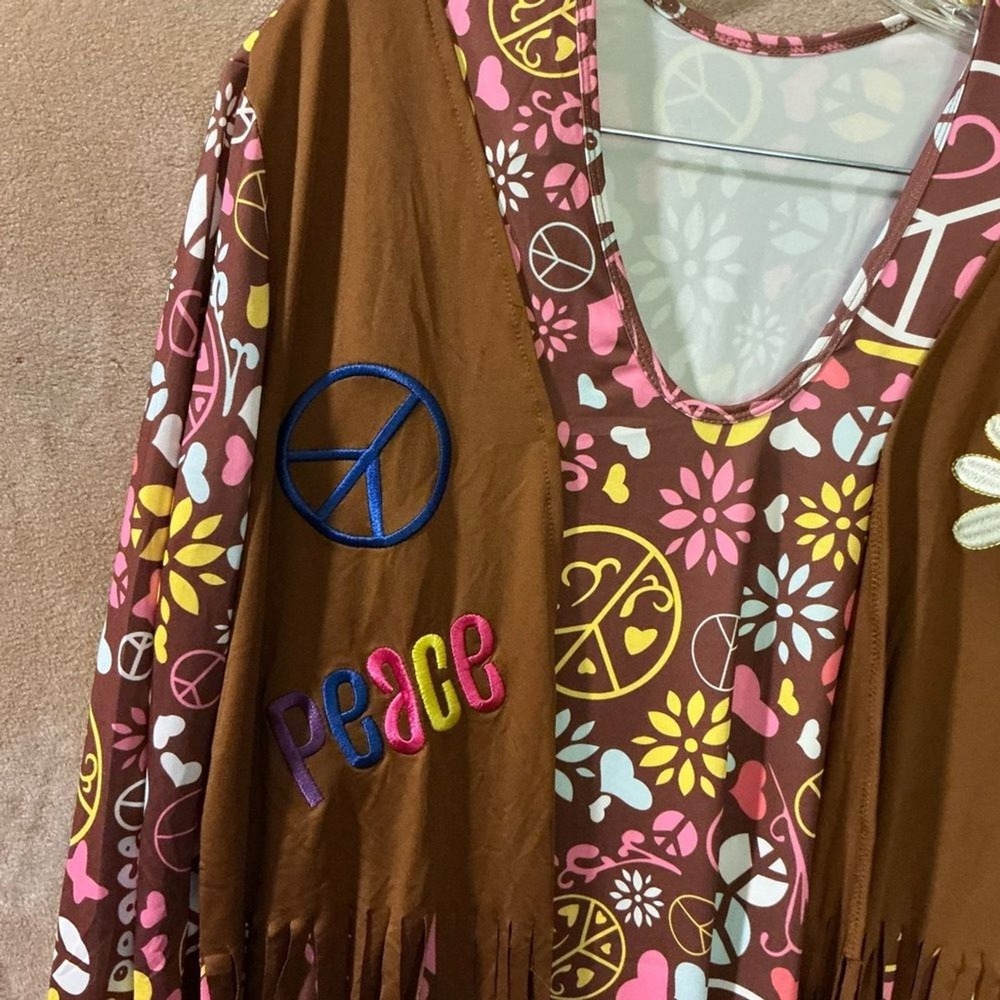 70's party groovy holloween peace love Brown Floral Dress size 16 - Picture 3 of 8